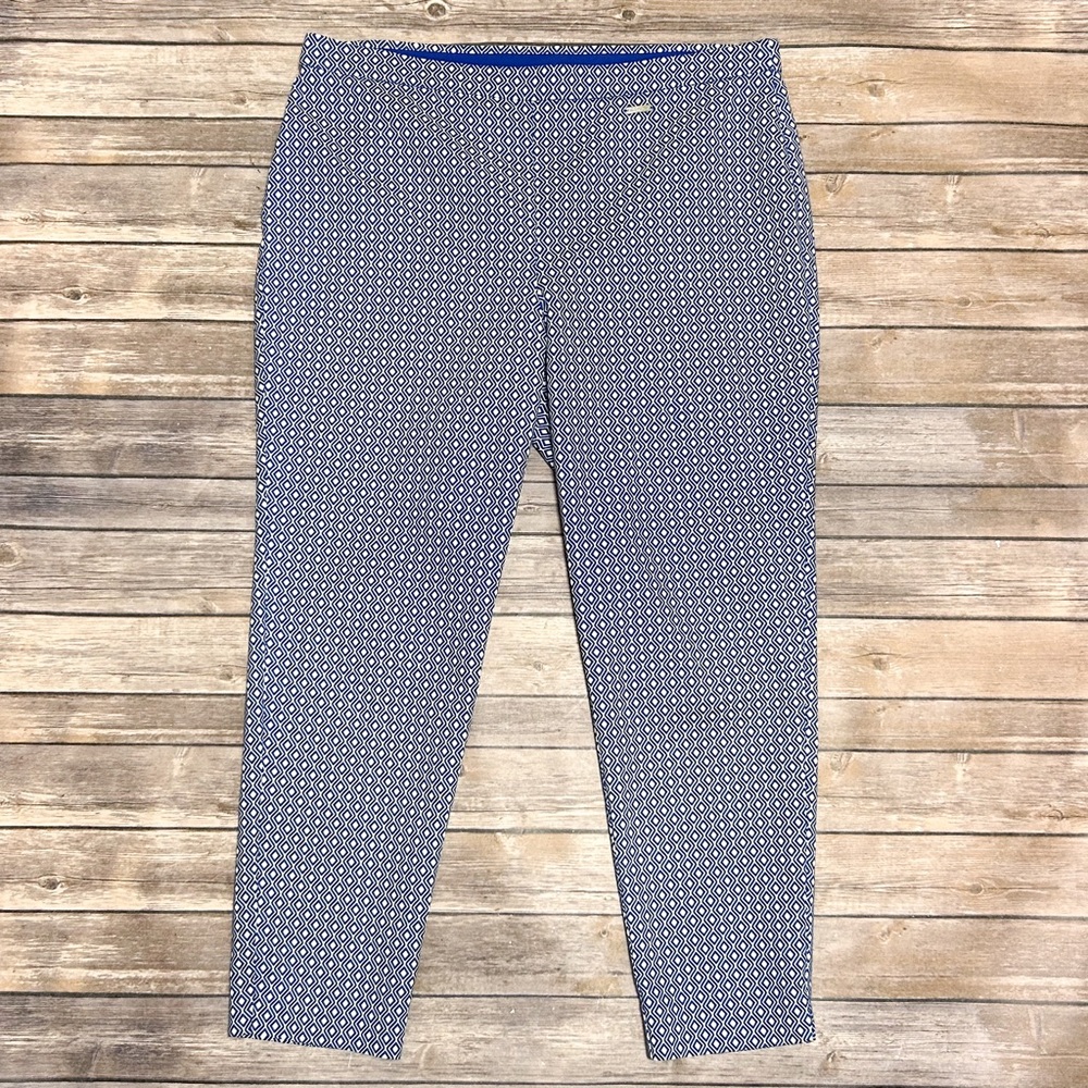 Vince Camuto Cobalt Blue White Diamond Geometric Pull On Ankle Length Pants